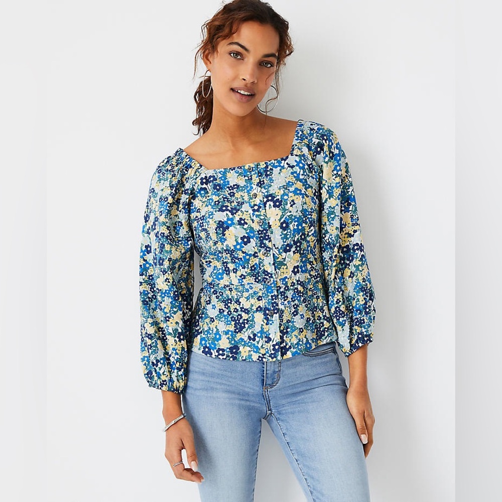 Floral Button Square Neck Top